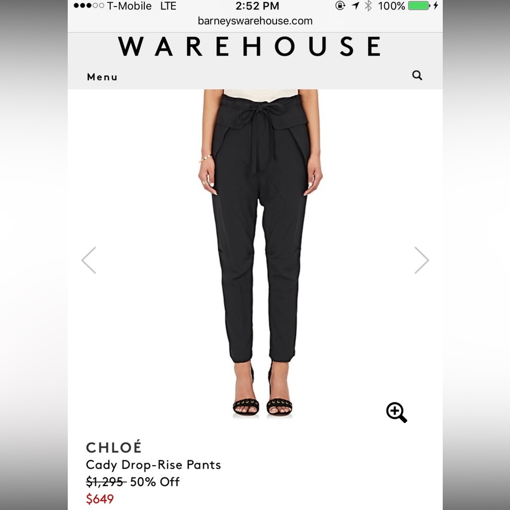 CHLOE Black Cady Drop-Rise Pants NWT Size 36 FR